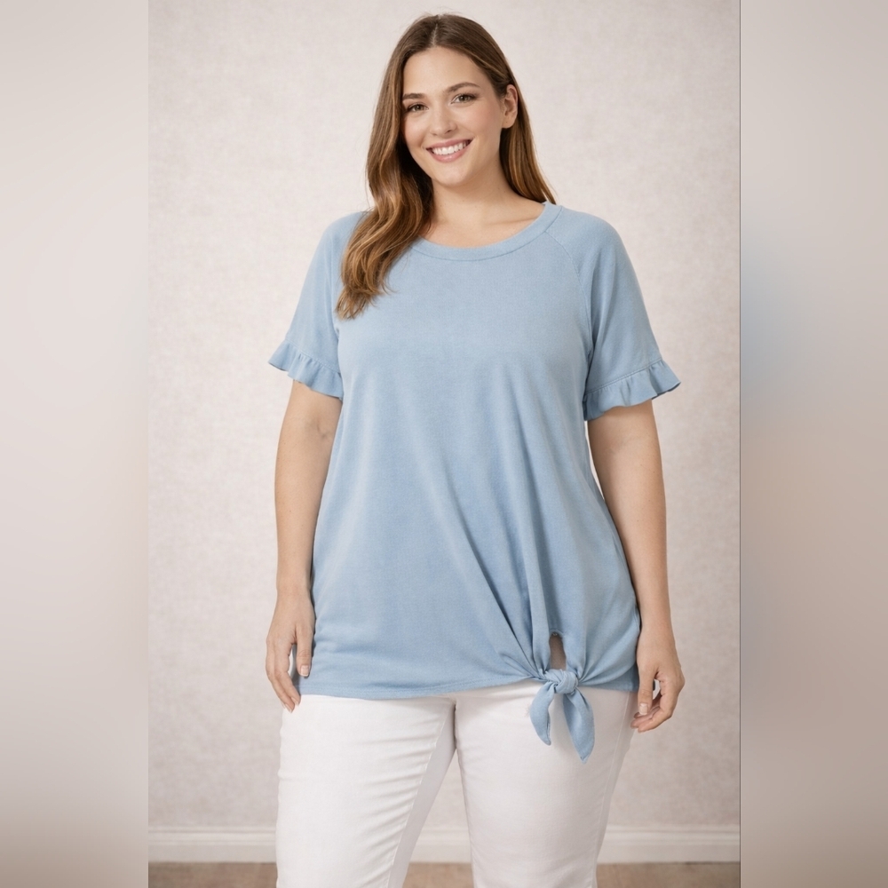CY Fashion Light Blue Tie Front Top Womens Plus Size Flowy 1X Tunic Ruffle #1105
